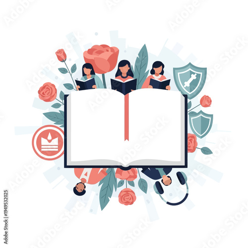 Women reading books surrounded by flowers and symbols