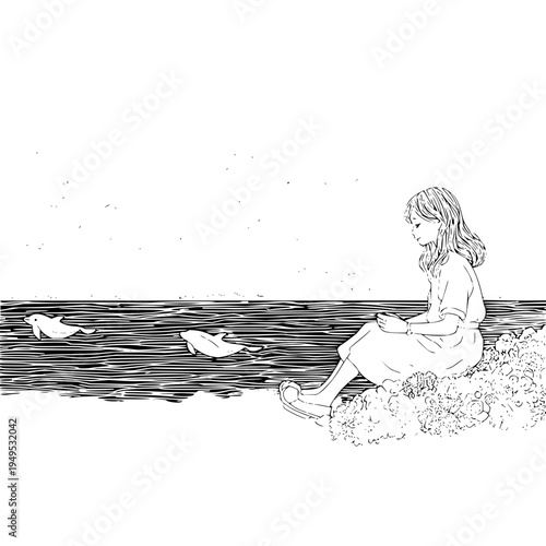 Serene young girl sitting on grassy riverbank feeding ducks in peaceful black and white illustration tranquil atmosphere idyllic scene