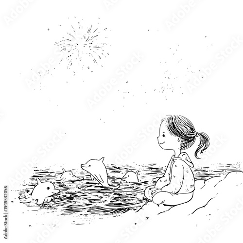 Young girl sitting on shore watching dolphins swim in the water under a fireworks display at dusk in a serene black and white illustration