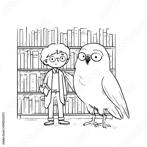 Young bespectacled boy in lab coat standing with large owl in front of bookshelves in a library or study area