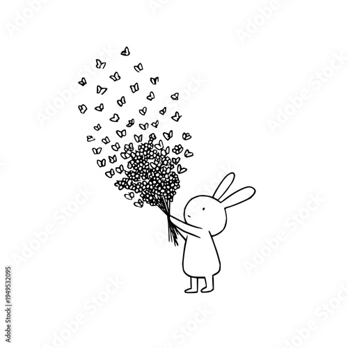 Cartoon rabbit releasing a swarm of butterflies from a bouquet against a white background simple line art illustration