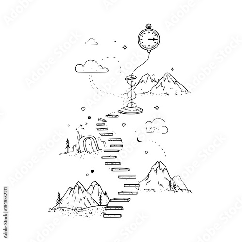 Ascending surreal staircase through ethereal dreamscape mountains towards a vintage pocket watch and hourglass symbolizing journey time and personal growth in a whimsical hand