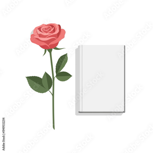 Rose next to blank book template for reading concept