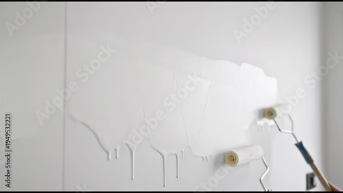 Close up of white paint roller applying paint on wall in bright environment