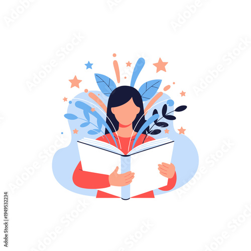 Woman reading a book with abstract floral and star elements