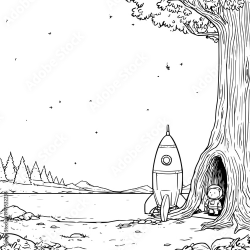 Whimsical astronaut character peeking from a tree hollow next to a retro rocket ship on a serene alien planet landscape with distant mountains and starry sky inviting imagination