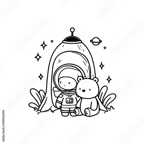 Charming cartoon astronaut and friendly teddy bear sitting together near a stylized rocket ship surrounded by whimsical stars and planets evoking a sense of childhood wonder