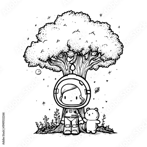 Whimsical astronaut child and teddy bear friend standing under a large detailed tree with a textured canopy surrounded by small plants and distant celestial orbs evoking a sense