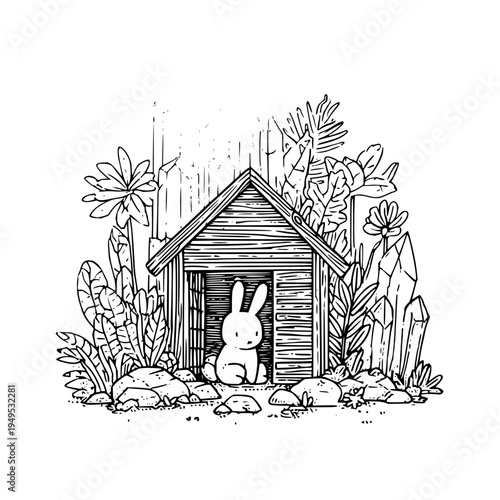 Charming hand drawn sketch depicts a cute cartoon bunny peeking out from a rustic wooden doghouse nestled amidst lush foliage and oversized crystals evoking a whimsical and cozy