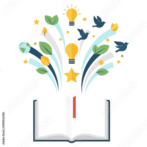 Creative idea concept erupting from an open book with lightbulbs