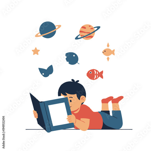 A young boy reading a book about space with planets and stars