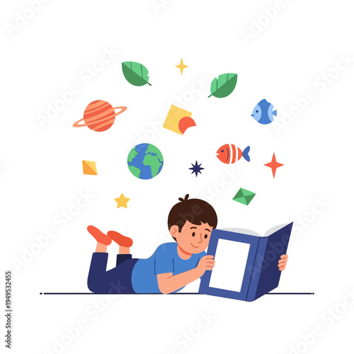Young man reading a book with planets and stars floating around