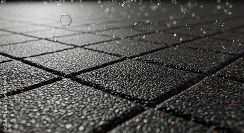 Water droplets falling on textured dark tiles, creating a refreshing and clean surface.