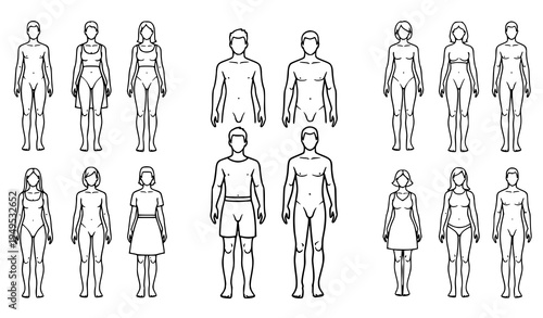 Human body male and female outline silhouettes standing full height anatomy vector figures