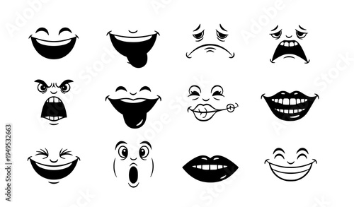 Cartoon comic mouth expressions doodle set with smiling laughing sad and angry lips characters vector collection