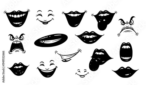 Funny cartoon mouth doodle icons set with tongue lips smiling laughing and angry comic expressions vector