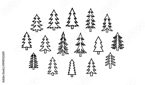 Outline fir tree doodle collection simple pine and spruce forest tree vector icons