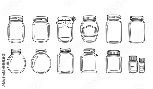 Hand drawn jar doodle set empty glass container outline icons collection vector illustration