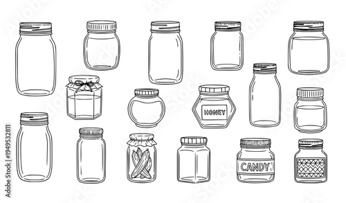Empty jar outline doodle icons hand drawn glass container collection vector set