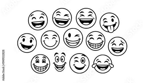 Funny smile emotion icon collection happy abstract face doodle vector set