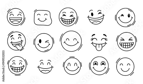 Happy smiley emotion icons doodle funny abstract face expressions vector collection