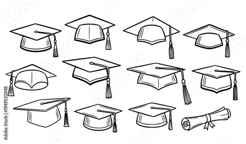 Graduation mortarboard hat doodle collection student education cap outline vector icons