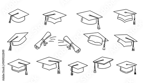 Graduation cap doodle icons hand drawn mortarboard education student success vector set