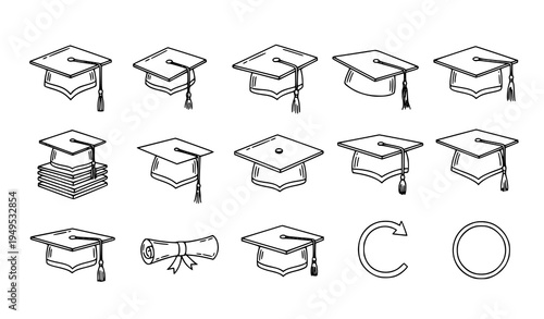 Hand drawn graduation hat doodle set mortarboard student cap education vector icons