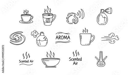 Hot drink steam aroma doodle icon collection coffee tea smell line symbols vector