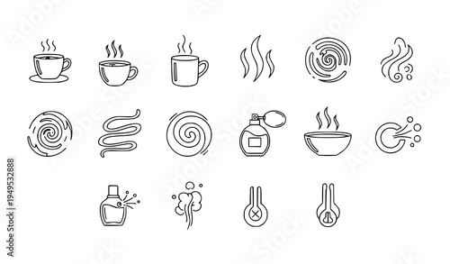 Smell aroma line icons set hot coffee tea steam fragrance doodle vector symbols