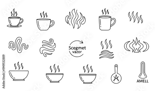 Aroma steam and smell doodle icons hot coffee tea fragrance line symbol vector set