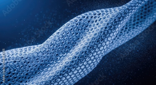 Abstract futuristic mesh structure with glowing particles on dark blue background