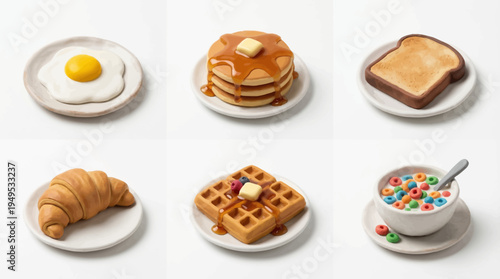 Delightful collection of cute breakfast clay icons, featuring handcrafted miniature models of morning meals including egg, pancakes, toast, waffle, and cereal