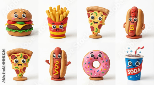 Delightful collection of cute fast food clay icons, including burgers, fries, pizza, hot dogs, donuts, and soda, all sculpted with soft, playful expressions