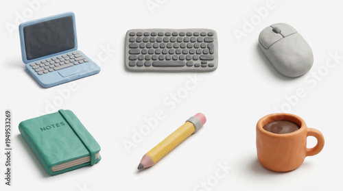 Whimsical collection of six essential office and technology items depicted as charming clay icons in a delightful stop-motion style, ideal for modern digital concepts