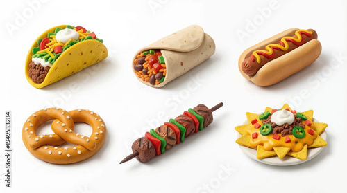 Six charming clay icons representing diverse savory food items. A collection of miniature sculpted snacks for culinary graphic designs on a clean white background