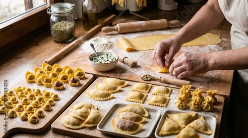 A person prepares various types of homemade pasta and ravioli on a wooden kitchen table.