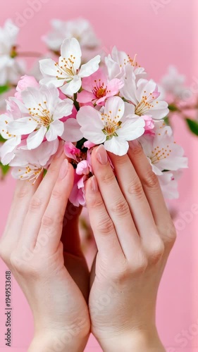 Gentle hands present delicate cherry blossoms against a soft pink background