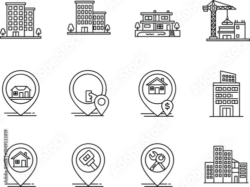 Real Estate and Construction Icon Set Featuring Buildings, Map Location Markers, Property Development, and Maintenance Symbols for Architectural and Business Digital Projects