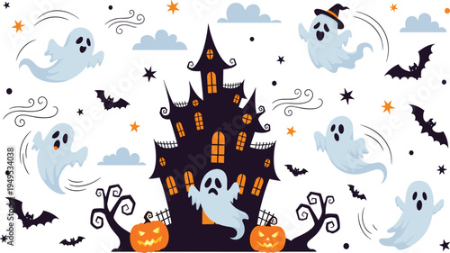 Spooky Halloween Night Vector Illustration Featuring Haunted Castle With Flying Ghosts Bats Jack O Lantern Pumpkins and Stars For Holiday Party Backgrounds