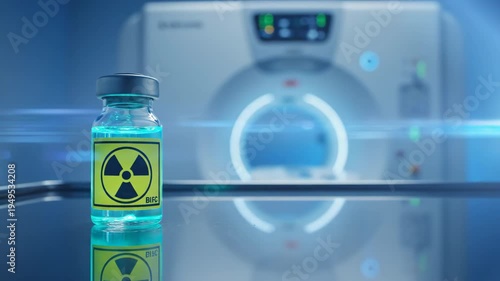 Vials with radioactive substance in front of scanner. Medicine for medical imaging. Radiopharmaceutical diagnostic drug used in oncology for cancer treatment therapy.