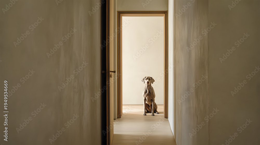 Fototapeta premium A view of a Weimaraner from an adjacent room, looking through a wide, open doorway into a bright, beige wood minimalist home office area. The dog is positioned perfectly in the frame of the doorway,
