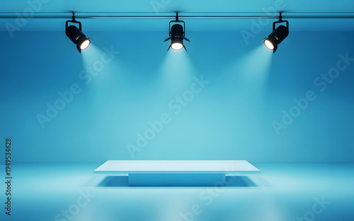 A bright blue product display stand illuminated by three overhead studio lights in a minimalist room