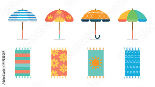 Summer Beach Vacation Vector Collection Featuring Colorful Umbrellas, Towels, Parasols and Mats, Bright Geometric and Floral Patterns, Flat Design Seaside Accessories for Tropical Holiday