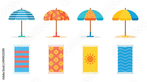 Beach Vacation Vector Set with Colorful Umbrellas and Towels, Summer Seaside Accessories Collection, Bright Geometric and Floral Pattern Parasols and Beach Mats, Flat Design Tropical Holiday Elements