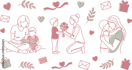 Continuous line art illustrations depict heartwarming moments between mothers and children, emphasizing love and care.