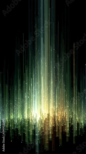 abstract digital data stream, vertical lines of faint green and white light fading into black, glitch art aesthetic, subtle noise, matrix vibe but minimal and elegant, dark tech background, clean