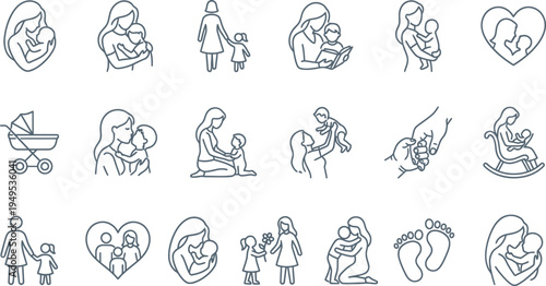 Collection of simple outline icons representing mother and child bonding moments and family care