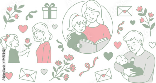 Heartwarming illustrations depicting parents lovingly interacting with their children, surrounded by symbols of affection and joy.