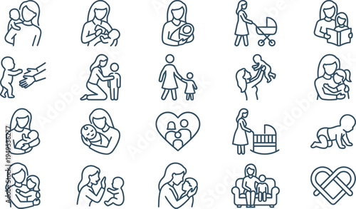 Beautiful vector line art icons illustrating motherly love, family bonds, and child development stages.